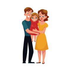 Parents, mom and dad, holding little daughter, loving family, cartoon vector illustration on white background. Full length portrait of little family, mother, father and daughter, hugging each other
