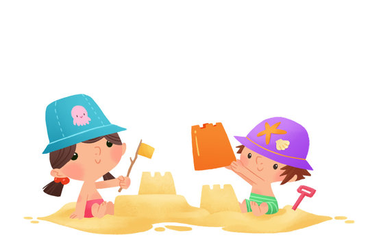 Ni&ntilde;os haciendo castillos de arena en la playa