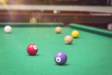 Billiard Balls in a pool table.