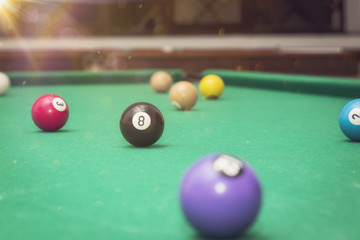 Billiard Balls in a pool table.