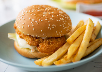 fried chicken burgerand french fries