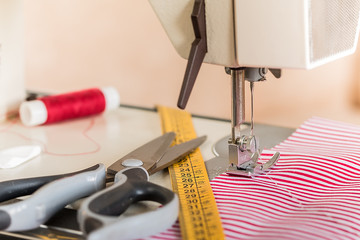 Sewing machine. Hobby sewing fabric as a small business concept