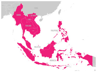 ASEAN Economic Community, AEC, map. Grey map with pink highlighted member countries, Southeast Asia. Vector illustration.
