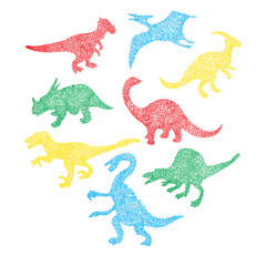 Cute colorful different dinosaur silhouette in cartoon scribble style
