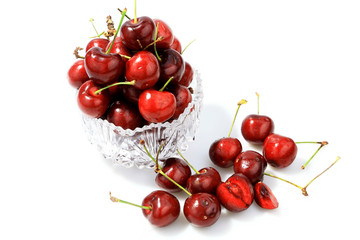 Cherry or Cherries in the bowl glass, fresh fruits on white background.