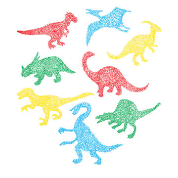Cute colorful different dinosaur silhouette in cartoon scribble style