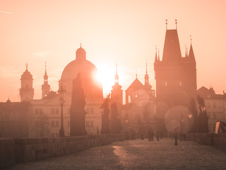 Charles Bridge at sunset time, Old Town of Prague, Czech Republic.
