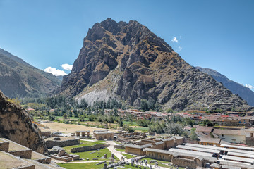 Ollantaytambo village and Pinkuylluna Mountain - Ollantaytambo, Sacred Valley, Peru