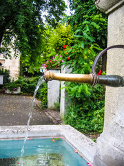 Water fountain with garden during summer closeup