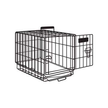 Metal wire cage, crate for pet, cat, dog transportation, sketch style vector illustration isolated on white background. Hand drawn metal wire dog crate, cage on white background