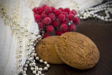 Winter background.Homemade cookies,red berries and knitting cloth.Christmas consept