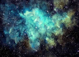 Fototapeta na wymiar Watercolor Outer Space, Nebula and Blue Shine