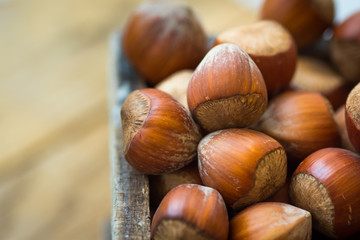Pile of whole hazelnuts in wood box on garden table, close up, vibrant color, top view view, cozy autumn atmosphere, inspirational