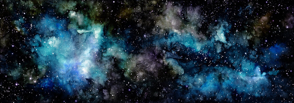 Watercolor Light Blue Galaxy and Deep Space