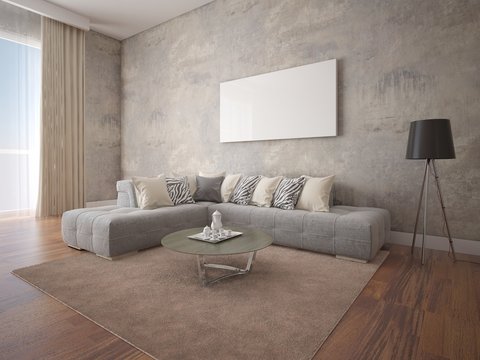 Mock up a spacious living room with a stylish corner sofa on the hipster background.