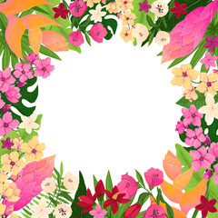 Vivid Frame with Flowers and Tropical Leaves