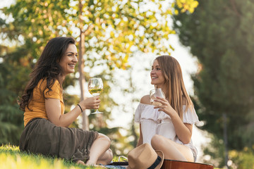 Beautiful women drinking wine in the park.