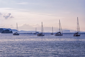 Sailboats in harbor at sunset