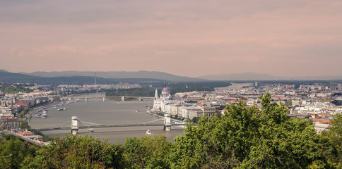 Wide Panorama of Budapest with Hungarian Parliament and Danube River at Sunrise