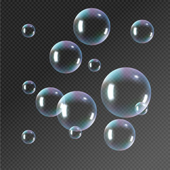 Realistic soap bubbles. Rainbow reflection bubbles isolated vector on transparent illustration