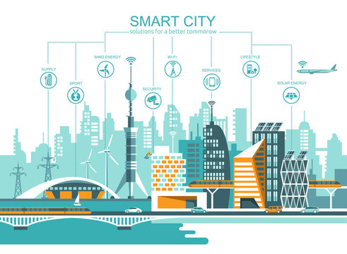 Smart city flat. Cityscape background with different icon and elements. Modern architecture. Mobile phone control.