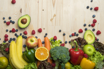 Vegetables and fruits on wood table ,Healthy food concept