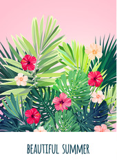 Obraz premium Floral vertical postcard design with hibiscus flowers, monstera and royal palm leaves. Exotic hawaiian vector background.