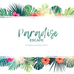 Green summer tropical background with exotic palm leaves and hibiscus flowers. Vector floral background. © Ms.Moloko