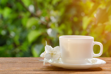 White mug of tea with jasmine on a background greenery, sunlight. Close-up