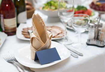 Served table in restaurant or cafe, salads, fruits and vegetables