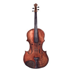 Watercolor wooden vintage violin fiddle musical instrument isolated