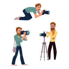 Set of photographers at work and professional equipment, cartoon vector illustration on white background.