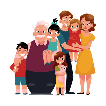 Family portrait - parents, children, grandfather, grandchildren hugging each other, cartoon vector illustration on white background. Full length portrait of family members standing together, hugging