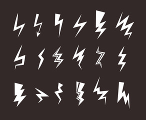 Lightning icon set. Thunder bolt storm vector symbol. Flwsh electric energy sign. Arrow abstract element