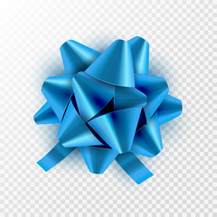 Blue bow ribbon isolated. Vector illustration for celebration birthday card. Festive blue bow decoration for holiday gift