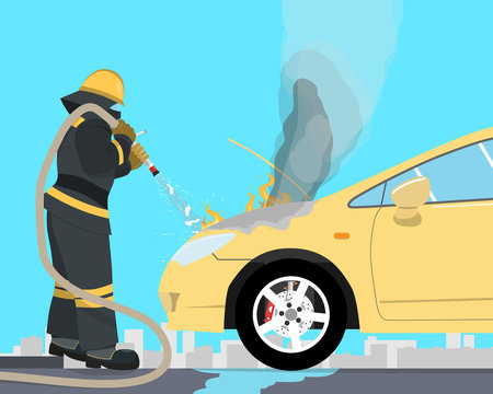 The fireman extinguishes a car that burned up from the short circuit of wiring. Vectorial illustration