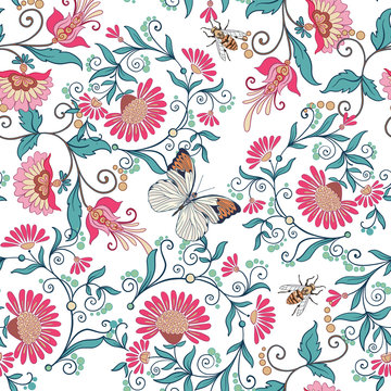 Seamless pattern, background with vintage style flowers and cats