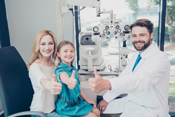 Healthcare, people, eyesight and vision concept. Smiling man optician in white coat and a blond...