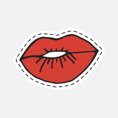 Unique handdrawn red girl lips in pop art style. Hand drawn vector illustration in patch style