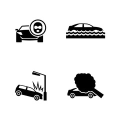 Car Crashes. Simple Related Vector Icons Set for Video, Mobile Apps, Web Sites, Print Projects and Your Design. Black Flat Illustration on White Background.