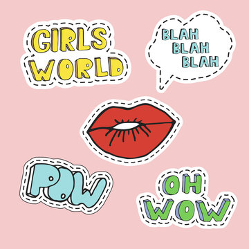 Red girl lips and word elements in pop art style. Hand drawn vector illustration in patch style