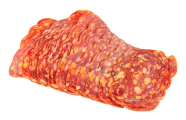 Italian Spianata Piccante salami meat slices isolated on a white background