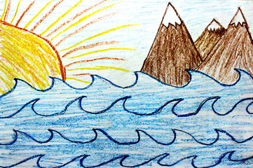 landscape, a child's drawing with colored pencils on a white sheet - 164197167