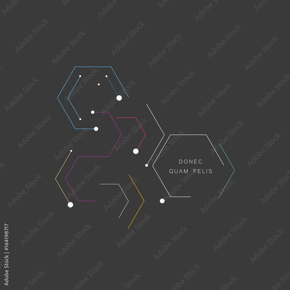 Poster pieces contours of hexagons on dark background. technological drawing in minimal style
