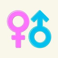 The Mars and Venus symbols. Male and Female signs. Isolated blue and pink gender icons in cartoon style. Concept can be used for illustration of LGBT Society, t-Shirt print, poster, banner, stickers