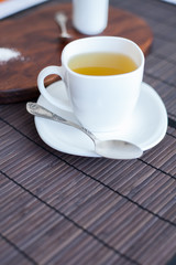 Boiled egg with toasts on a black wooden table