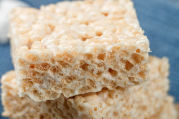 Homemade bars of Marshmallow and crispy rice close-up. American dessert. Selective focus