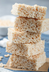 Homemade bars of Marshmallow and crispy rice close-up. American dessert. Selective focus