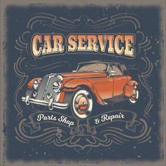 Vector vintage illustration, poster with of red retro car in engraving style. Template, design element for advertising retro car service center, spare parts shop and repair shop
