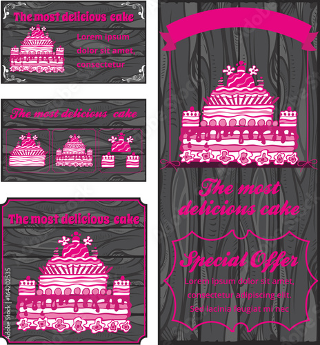 set of cake logo business card and flyer template stock image and